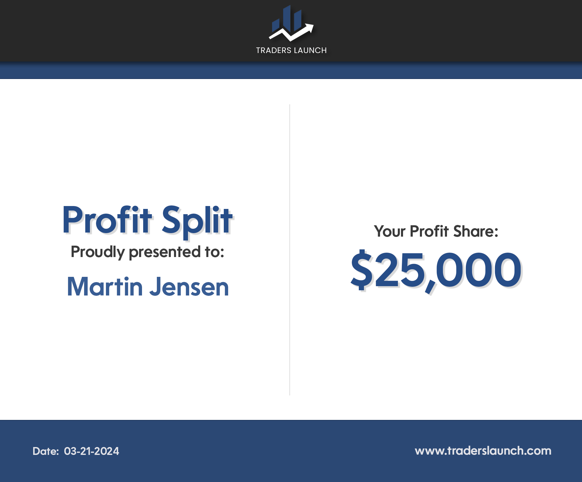 Martin Jensen's $25,000 profit split payout! Another successful trader achieving impressive results with Traders Launch.